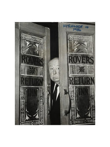 Alfred Hitchcock at the doors of Coronation Street's Rovers Return